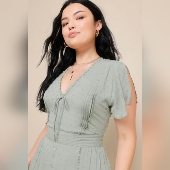 Lulus Women's Completely In Love Sage Green Swiss Dot Button-front Maxi Dress L - Picture 6 of 14